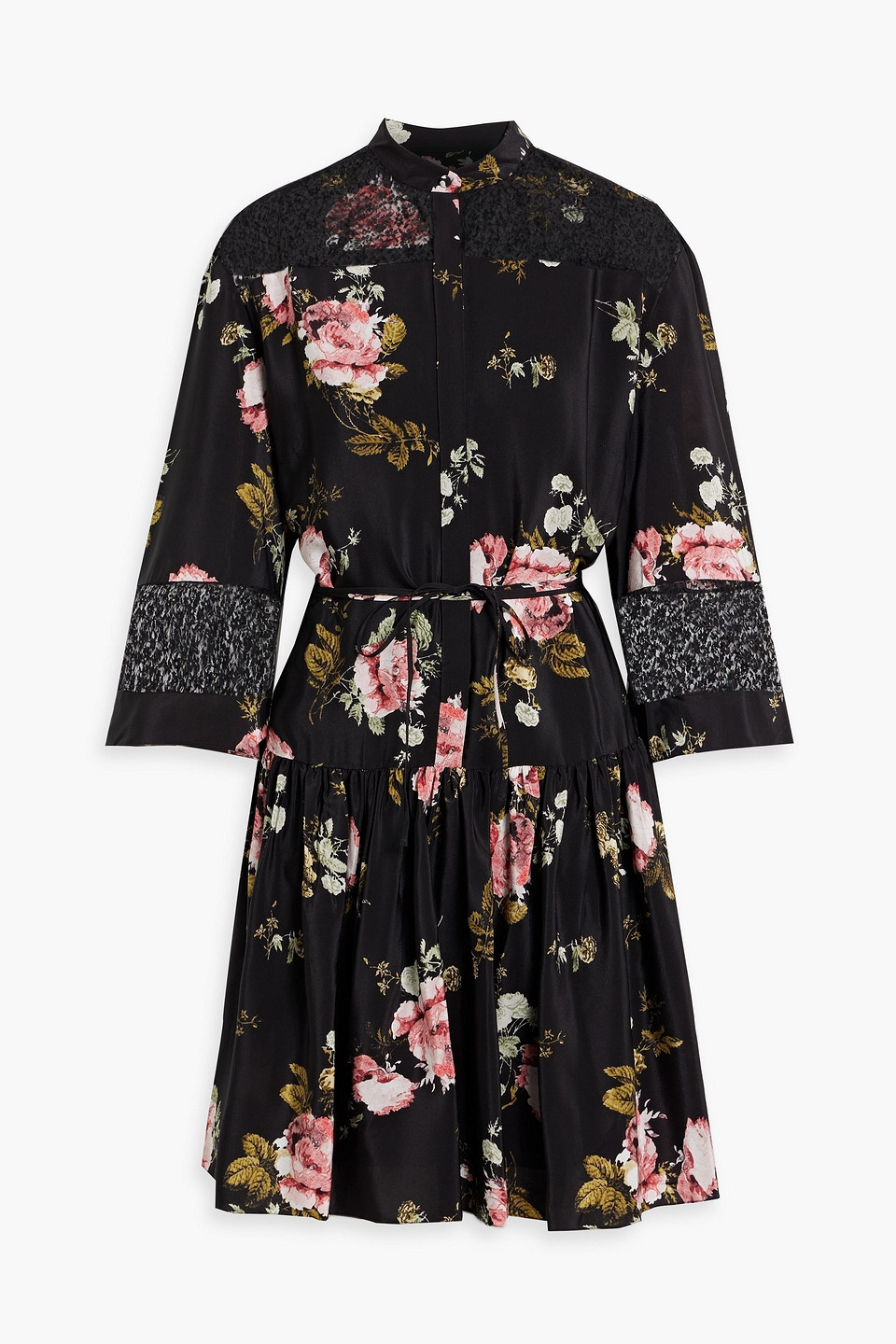Lace-paneled floral-print silk crepe de chine mini dress