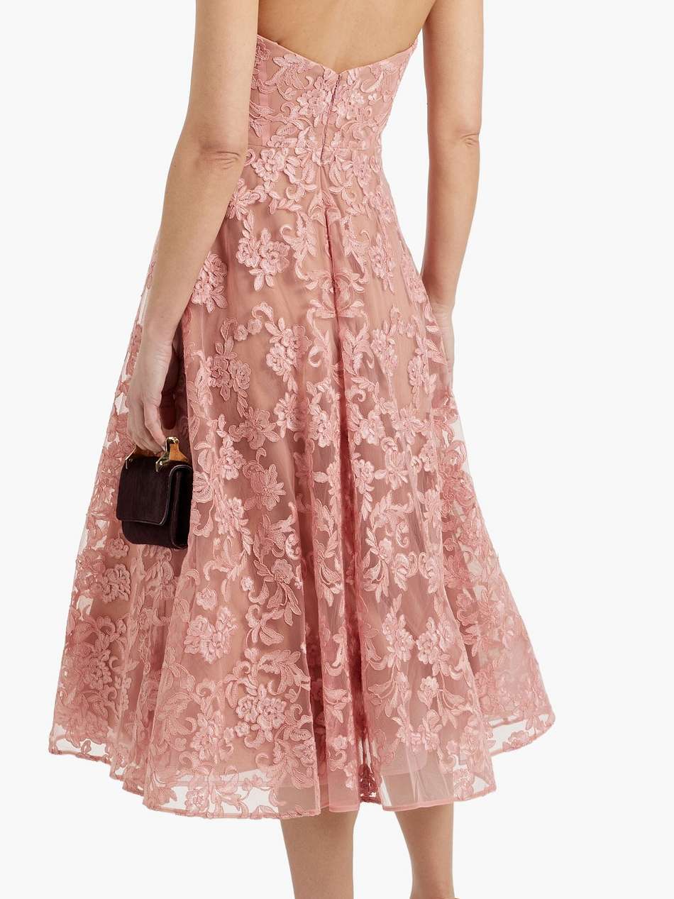 strapless floral-appliquéd corded lace midi dress