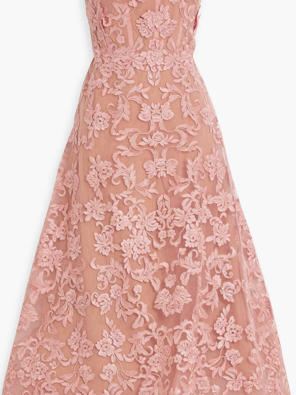 strapless floral-appliquéd corded lace midi dress