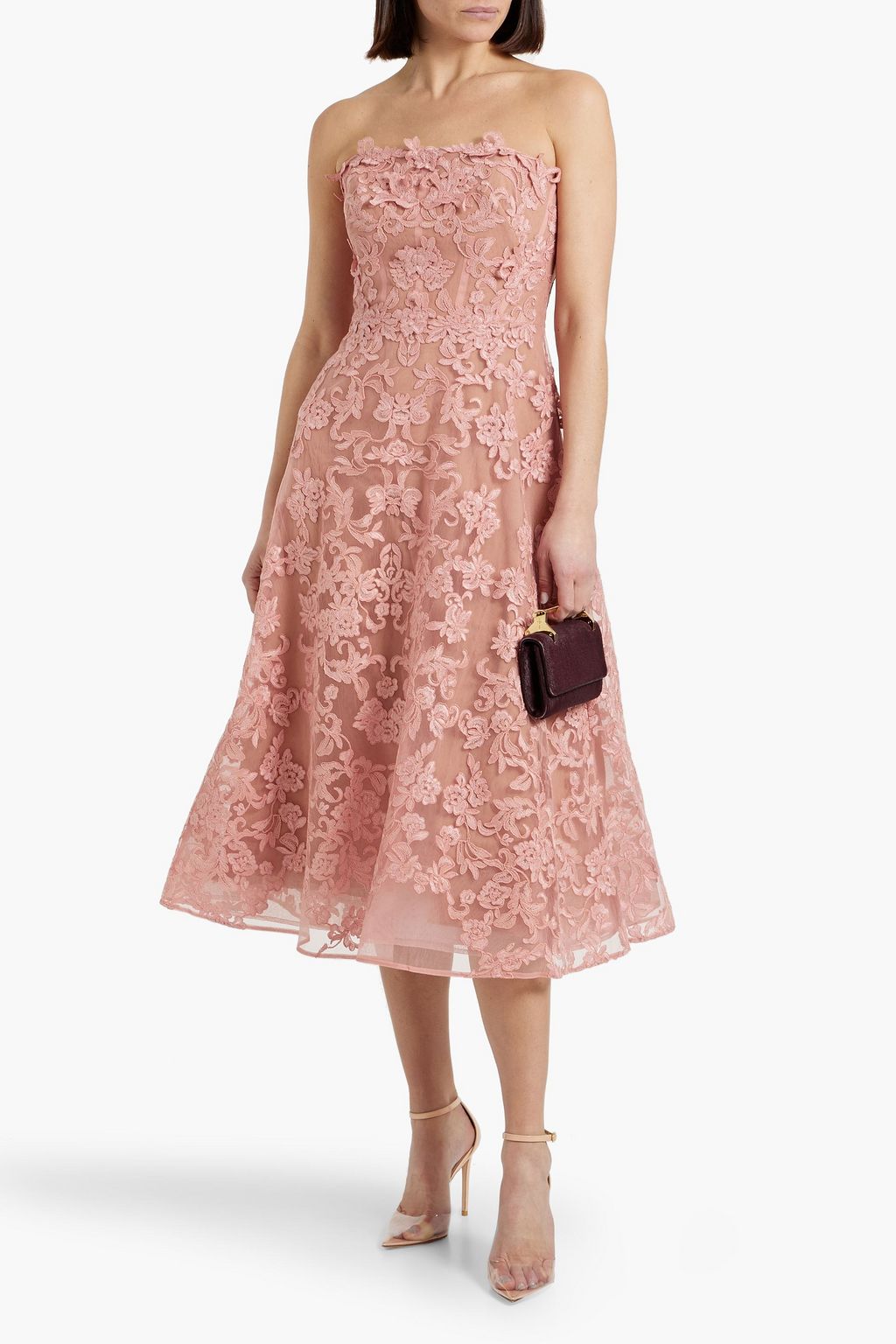 MARCHESA NOTTE コードレース ミディワンピース ストラップレス フローラルアップリケ付き