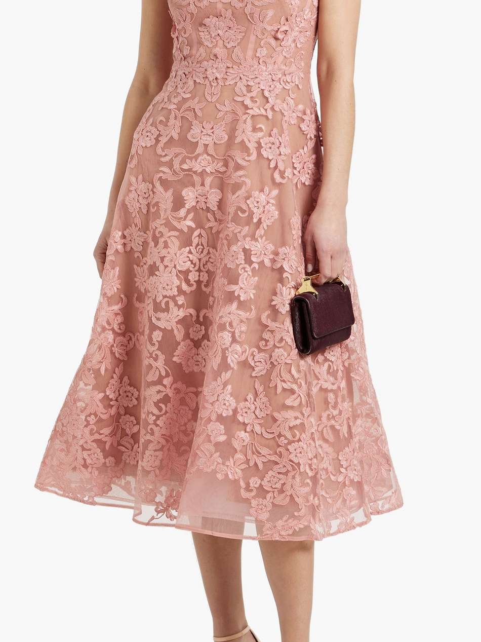 strapless floral-appliquéd corded lace midi dress