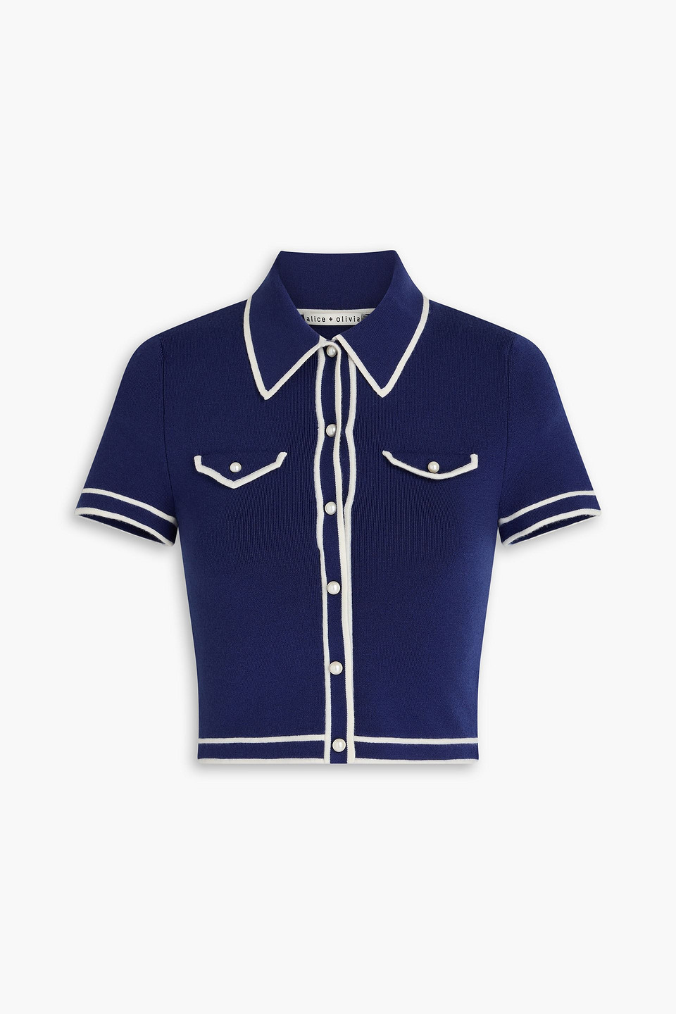 Alice And Olivia Marlena Button Front Polo Top In Indigo & Ecru