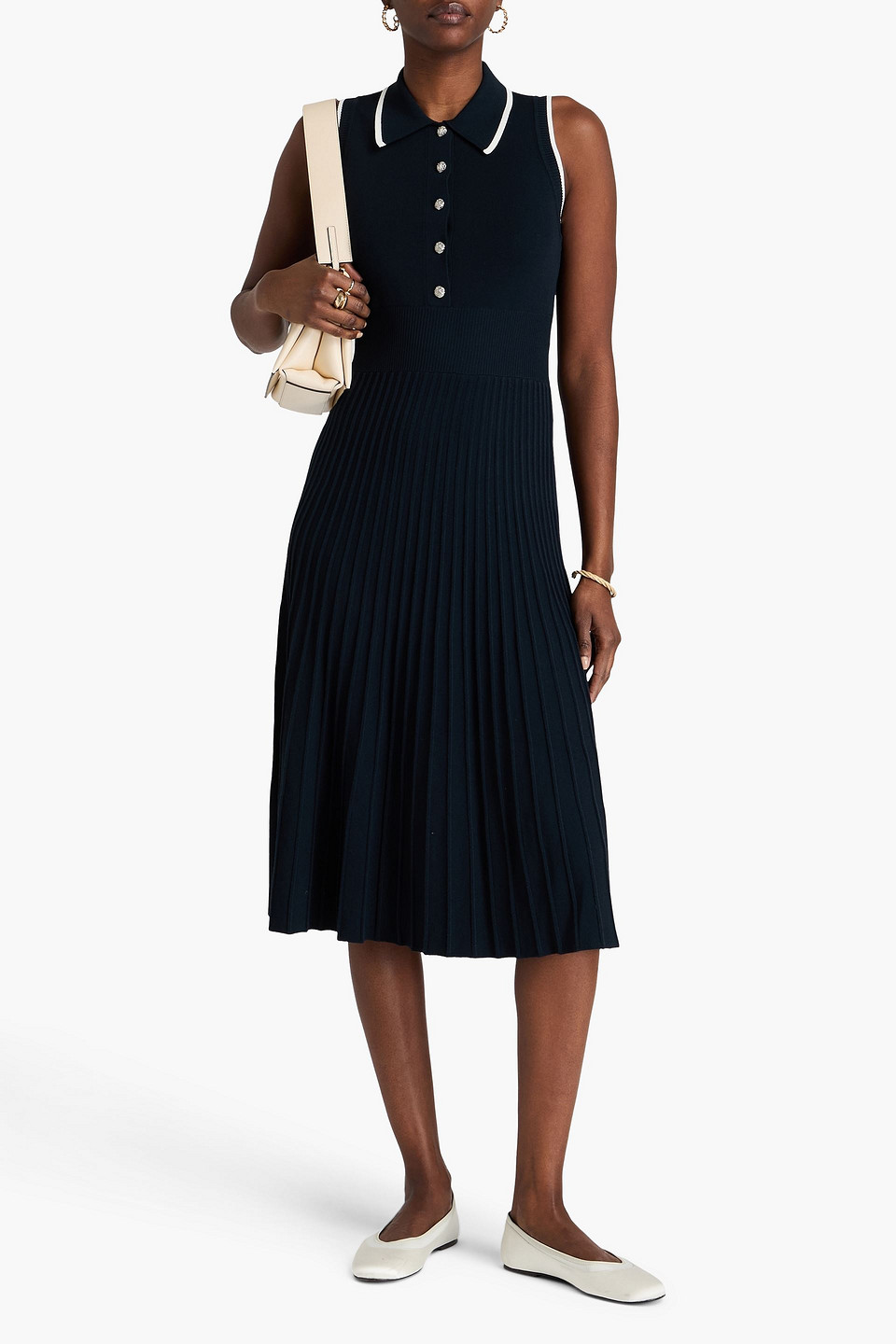 Veronica Beard Meralda Pleated Knitted Midi Shirt Dress In Marineblau
