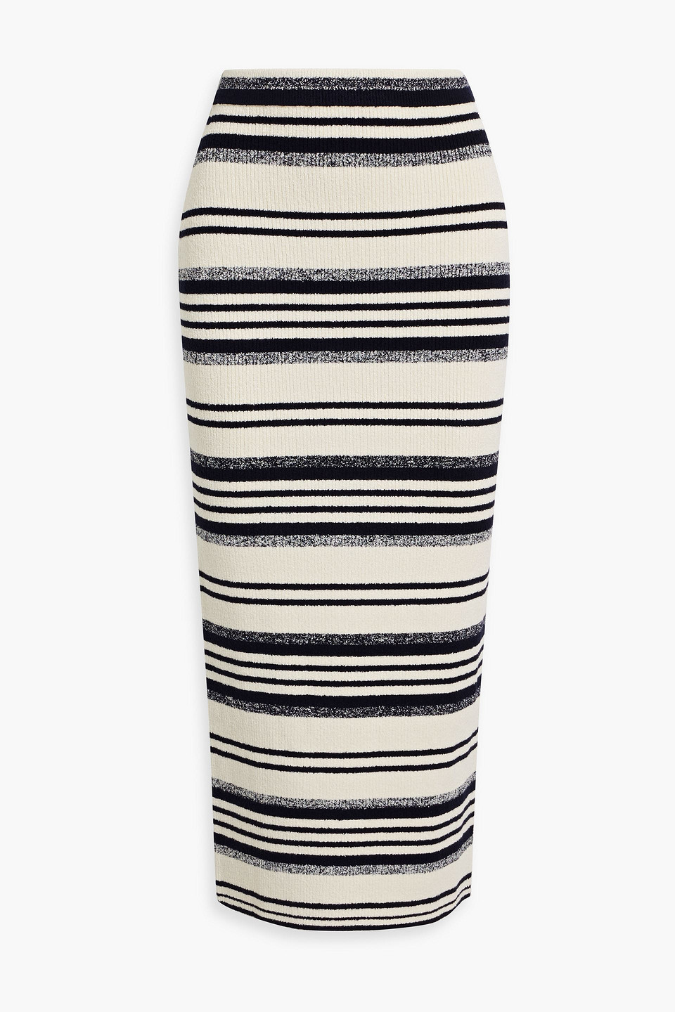 Simkhai Teagan Striped Ribbed-knit Midi Pencil Skirt In Navy