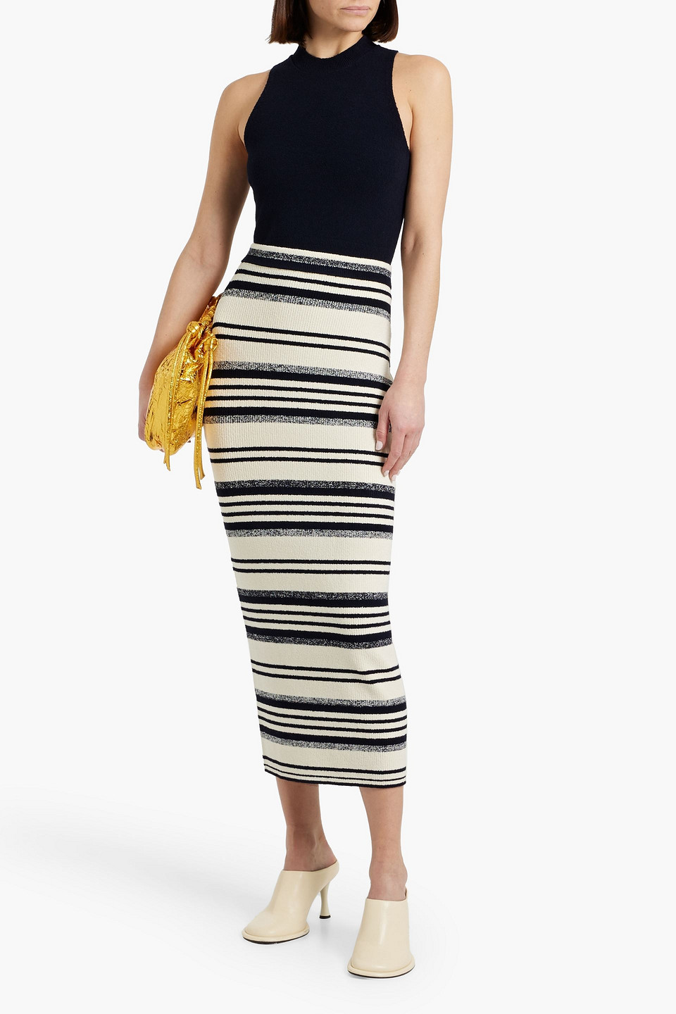 SIMKHAI TEAGAN STRIPED RIBBED-KNIT MIDI PENCIL SKIRT