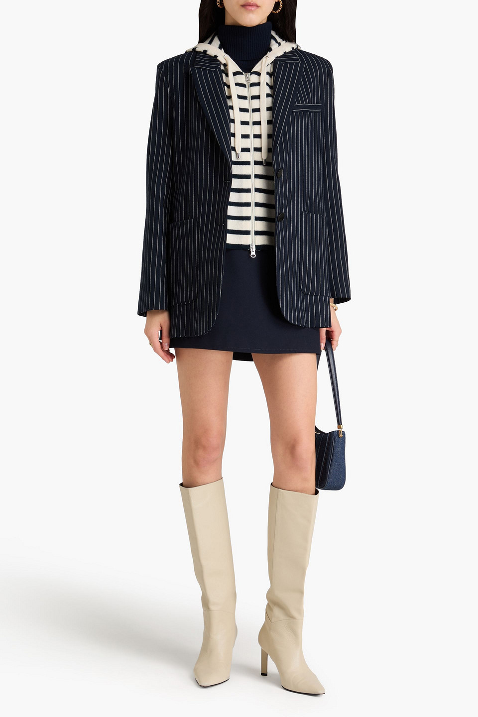 VERONICA BEARD STRIPED WOOL AND CASHMERE-BLEND HOODED DICKEY
