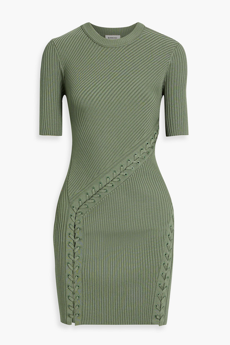 Shop Simkhai Gilly Lace-up Ribbed-knit Mini Dress In Sage Green