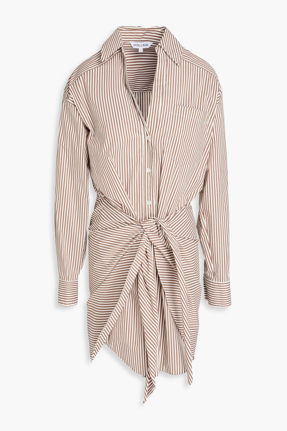 Veronica Beard Roanoke Tie-detailed Striped Cotton-blend Poplin Mini Shirt Dress In Braun