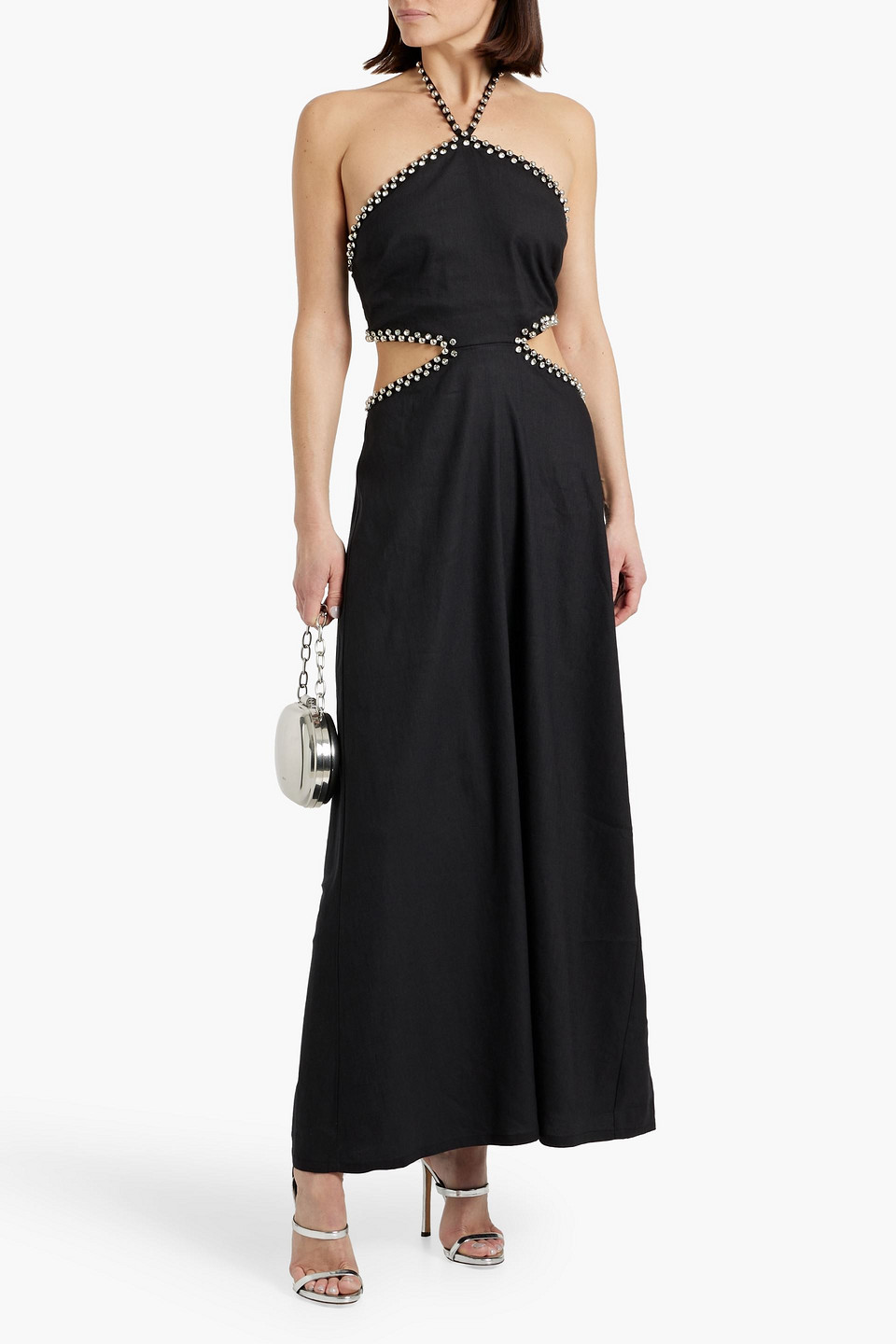 SIMKHAI BELLINA EMBELLISHED CUTOUT LINEN-BLEND HALTERNECK MAXI DRESS