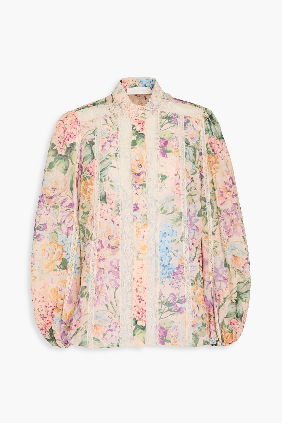 ZIMMERMANN LACE-TRIMMED FLORAL-PRINT COTTON-GAUZE SHIRT