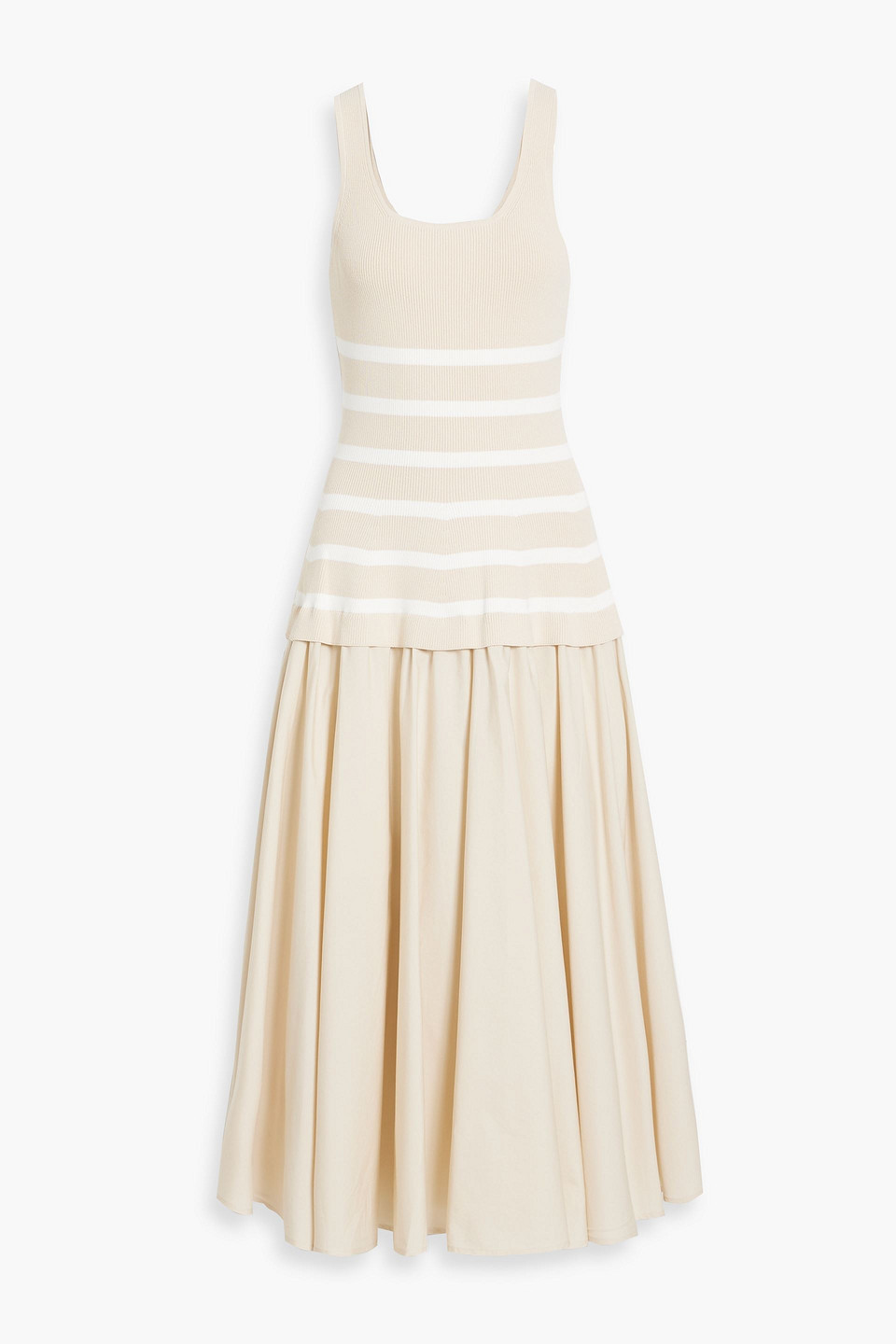 Simkhai Silas Striped Ribbed-knit And Cotton-poplin Midi Dress In Ecru