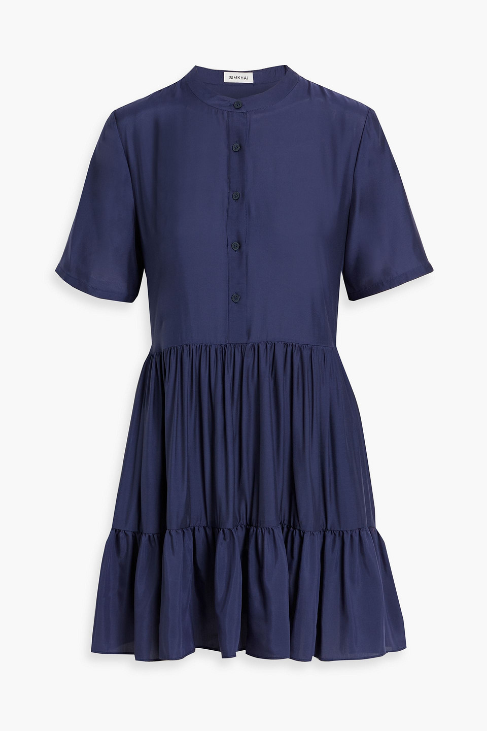 Shop Simkhai Livia Tiered Crepe De Chine Mini Dress In Midnight Blue