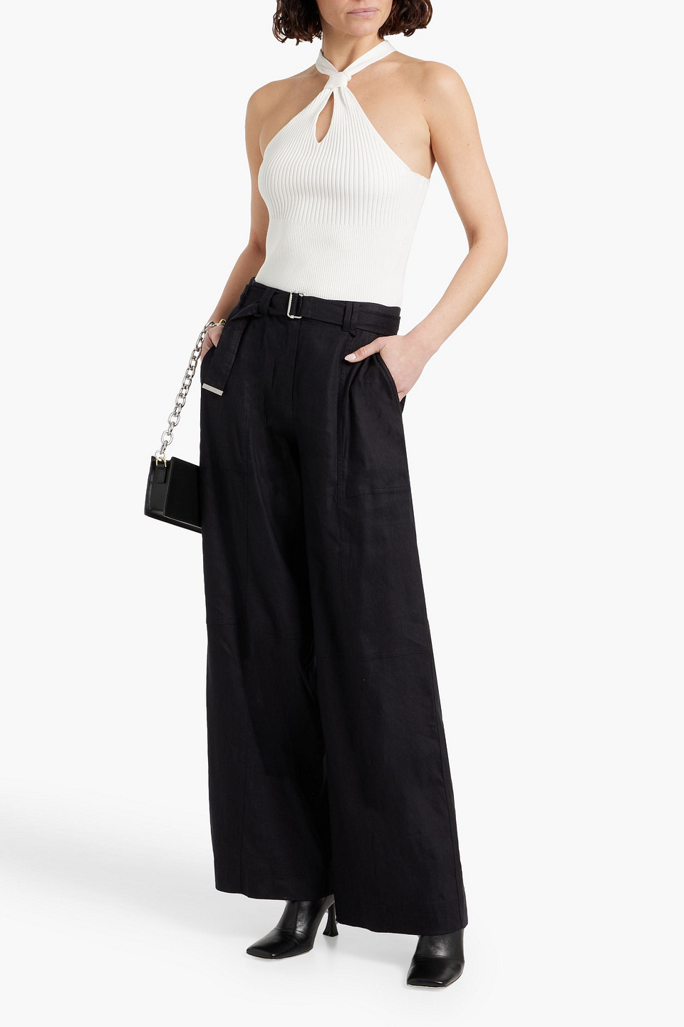 Shop Simkhai Amaya Belted Linen-blend Wide-leg Pants In Black