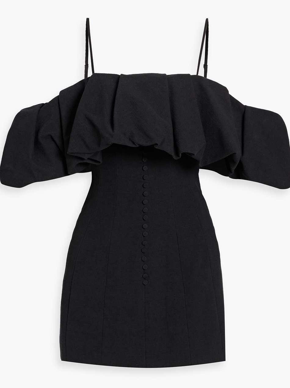 puff cold-shoulder ruffled cotton and linen-blend mini dress