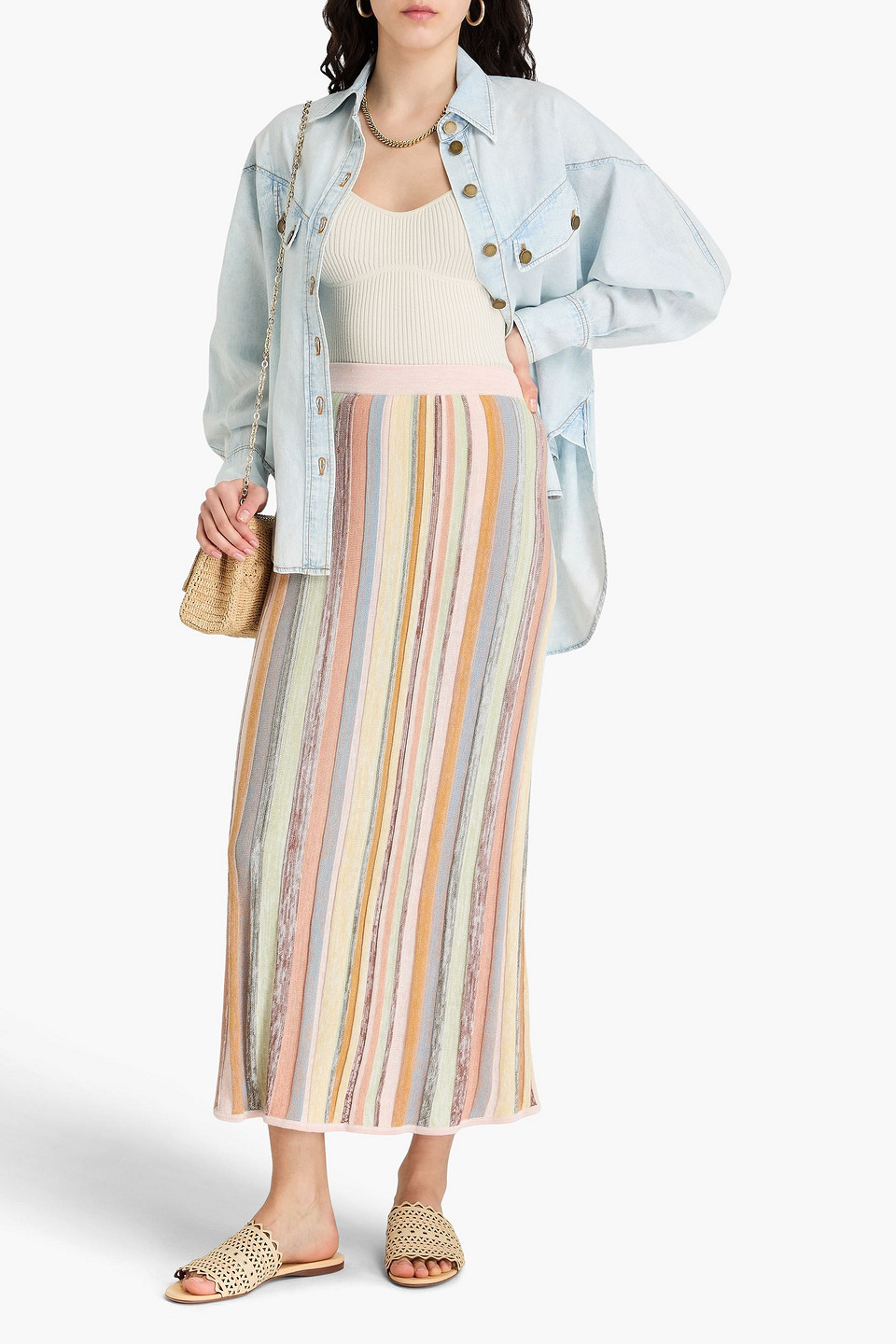 ZIMMERMANN STRIPED RIBBED-KNIT MIDI SKIRT