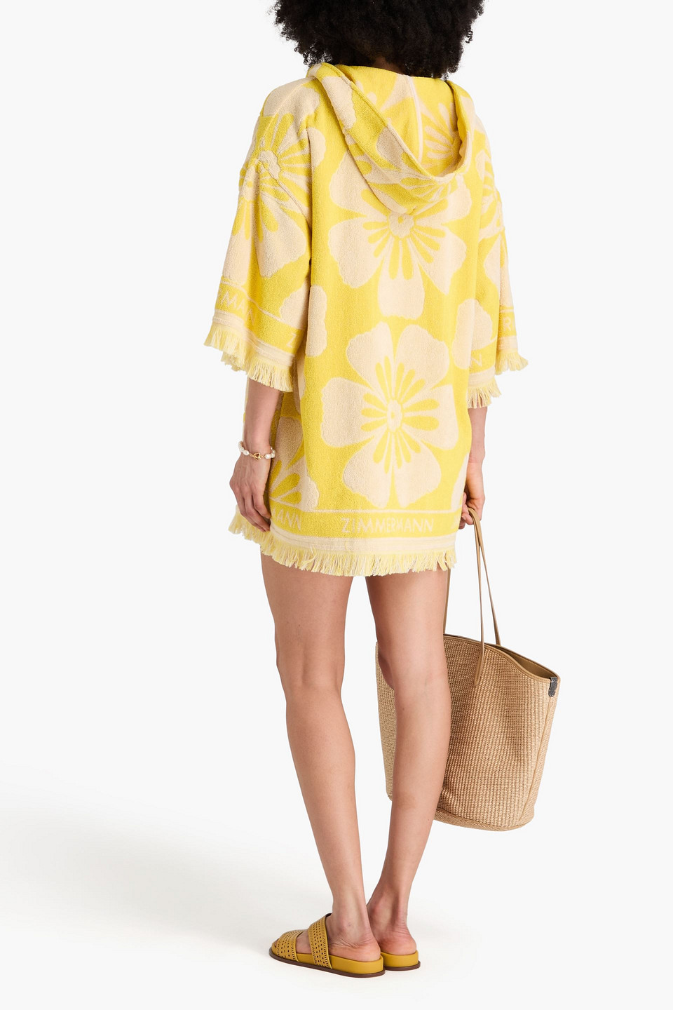 ZIMMERMANN FRAYED COTTON-TERRY JACQUARD HOODED COVERUP