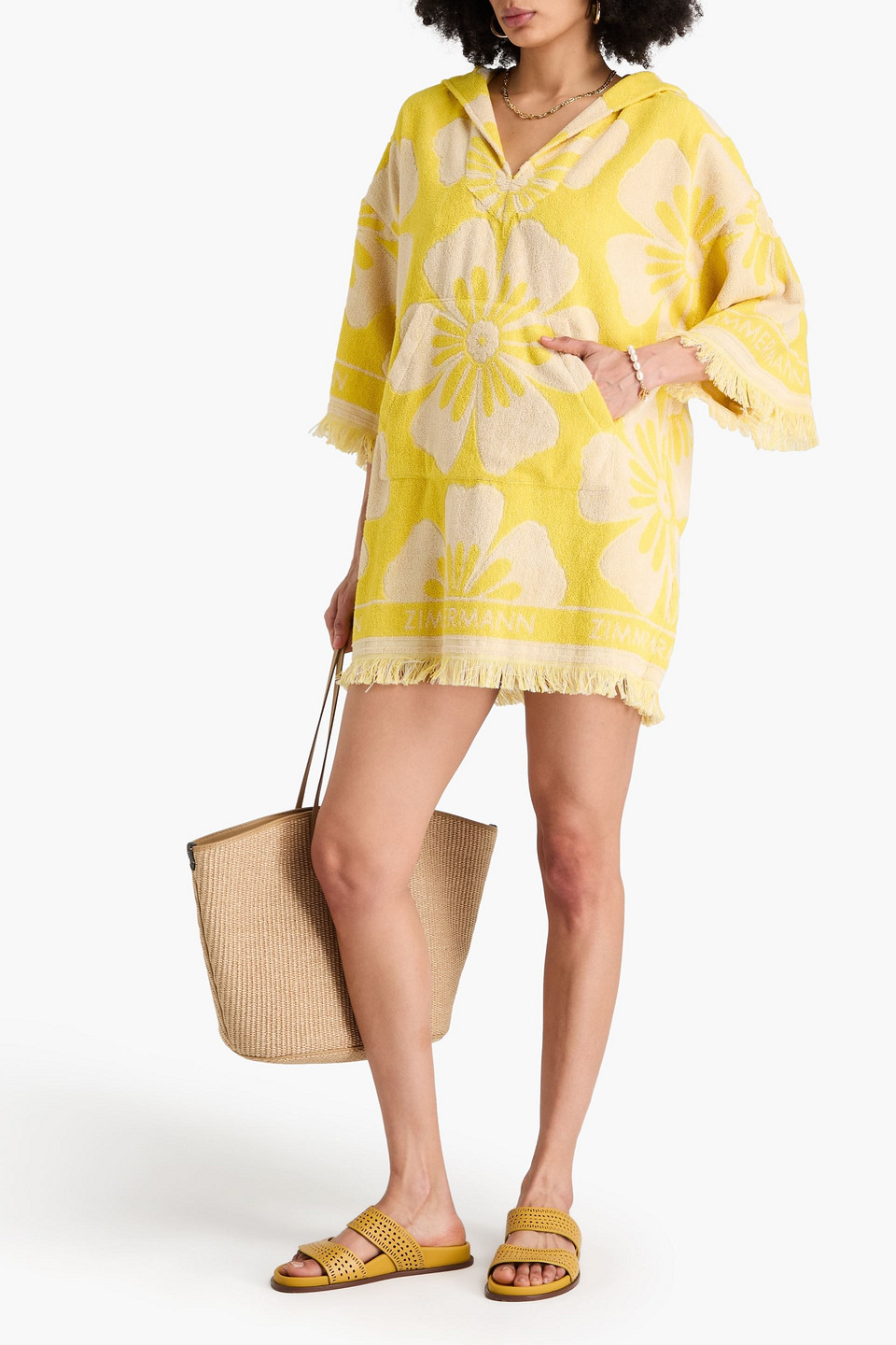 ZIMMERMANN FRAYED COTTON-TERRY JACQUARD HOODED COVERUP