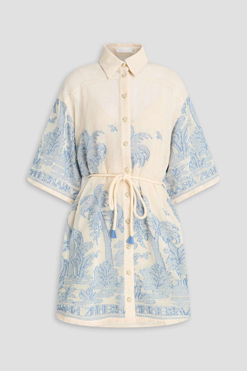 Zimmermann Frayed Cotton-jacquard Mini Shirt Dress In Ecru