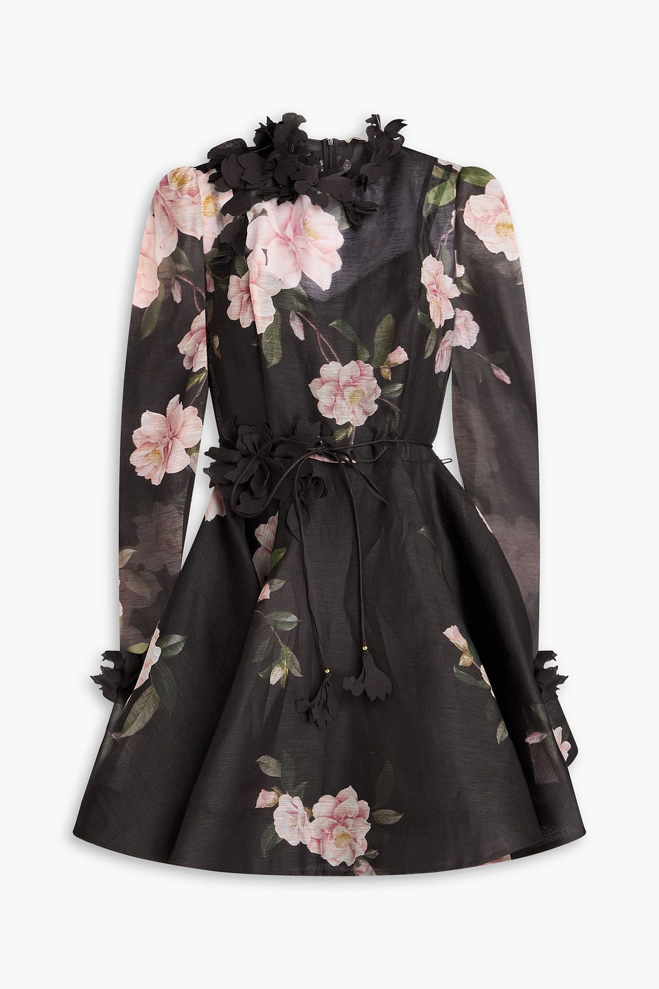 zimmermann - appliquéd floral-print organza mini dress - black - 0