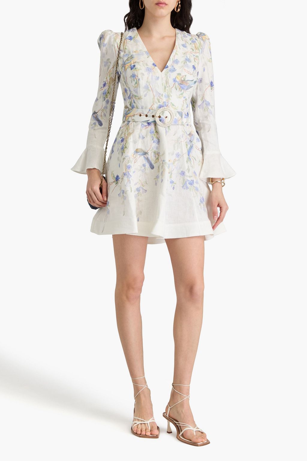 ZIMMERMANN Minikleid aus Leinen mit floralem Print und Gürtel