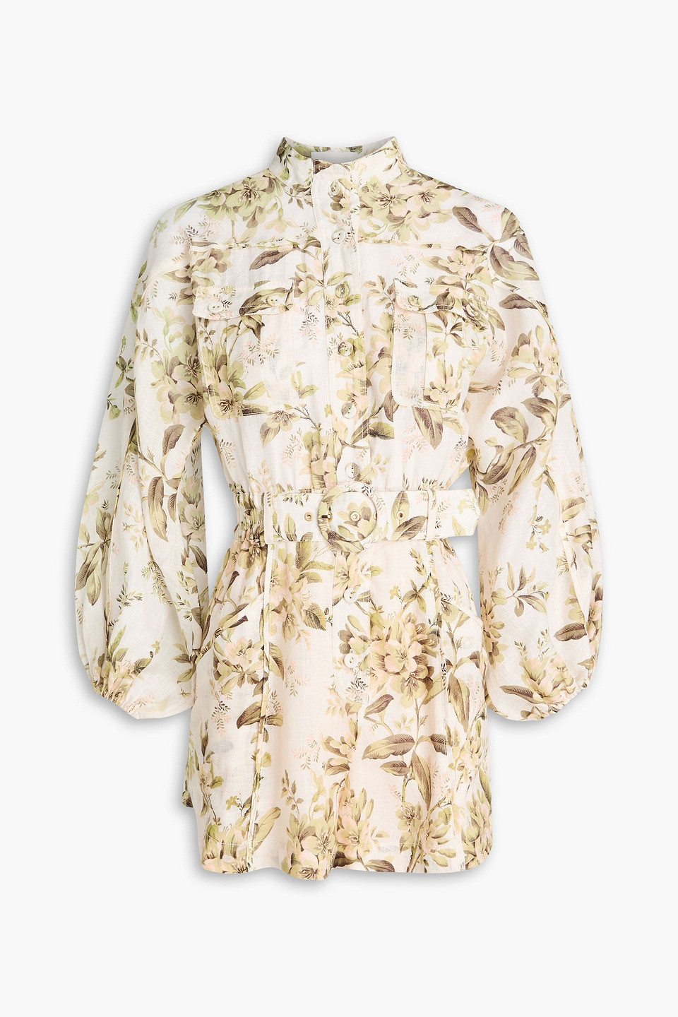 ZIMMERMANN BELTED FLORAL-PRINT LINEN PLAYSUIT