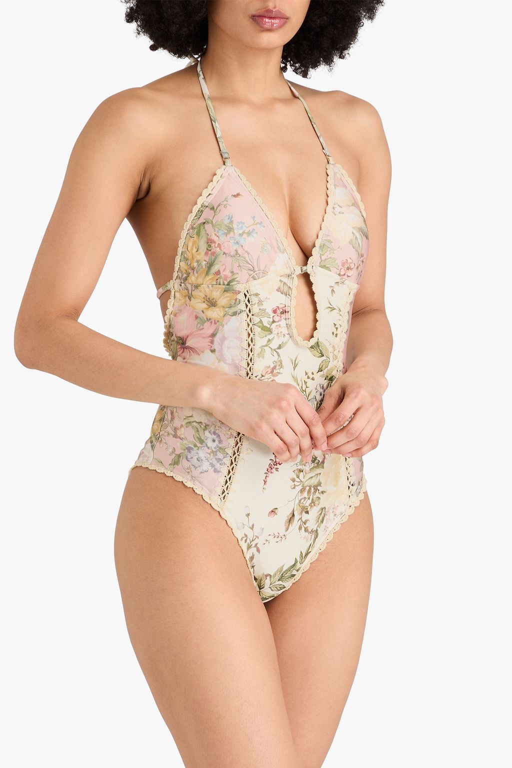 ZIMMERMANN Cutout floral-print halterneck swimsuit
