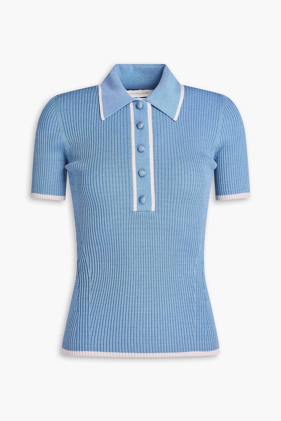 Zimmermann Metallic Ribbed-knit Polo Shirt In Light Blue
