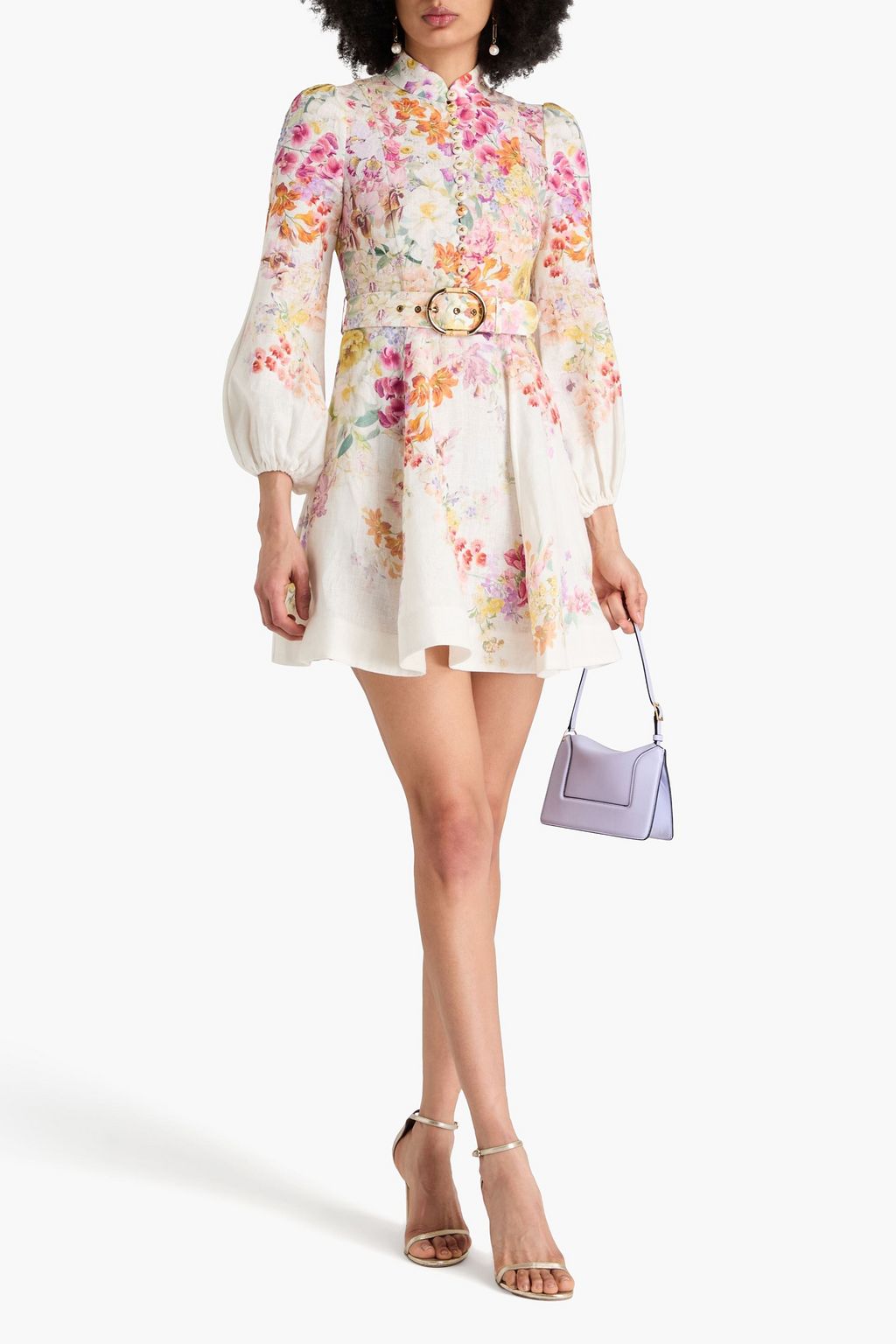 ZIMMERMANN Minikleid aus Leinen mit floralem Print und Gürtel