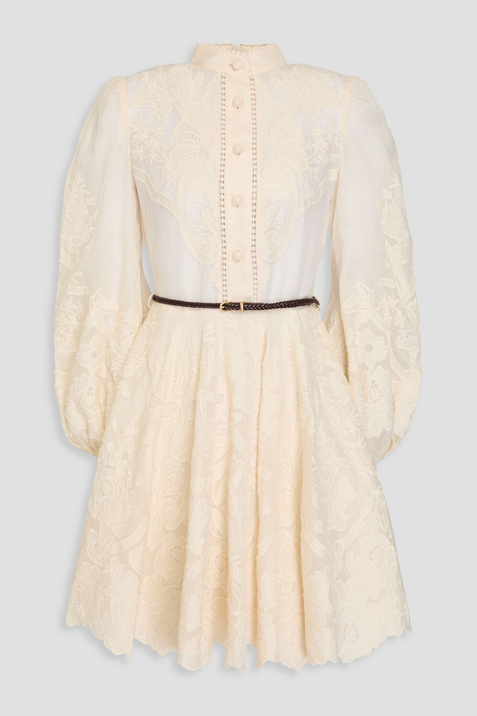 Zimmermann Belted Embroidered Linen-gauze Mini Dress In Cream