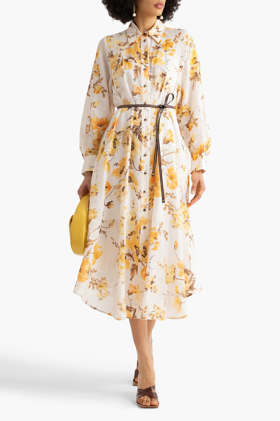 Zimmermann Ramie Shirt Dress Flower Print In Pastellorange