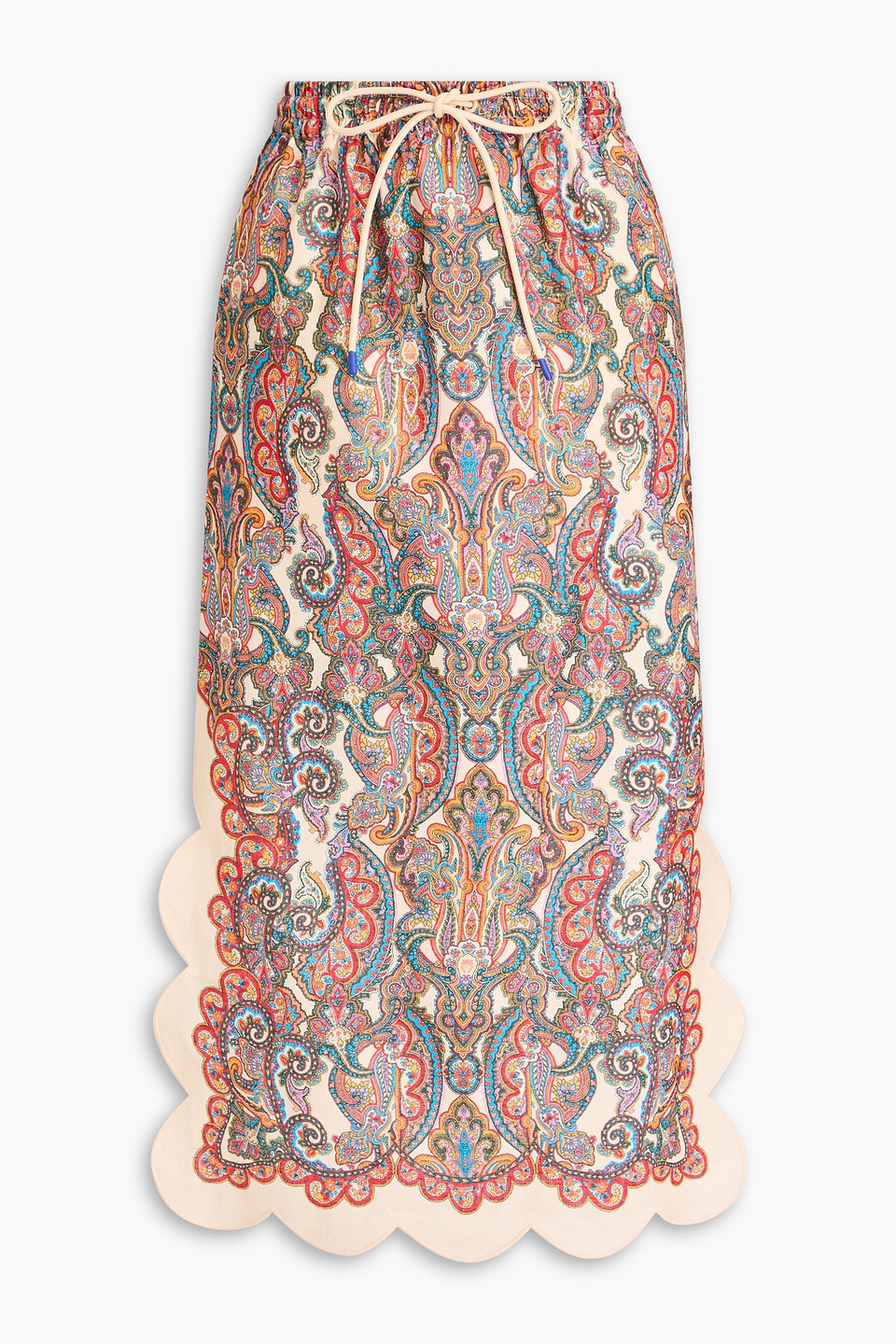 Zimmermann Scalloped Paisley-print Linen Midi Skirt In Multi