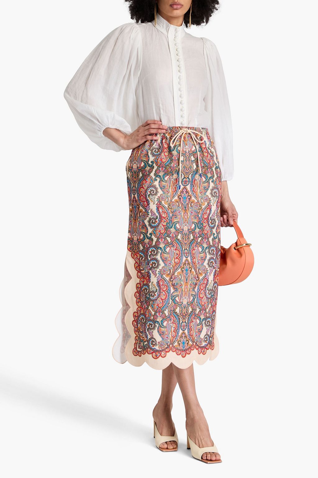 ZIMMERMANN Scalloped paisley-print linen midi skirt