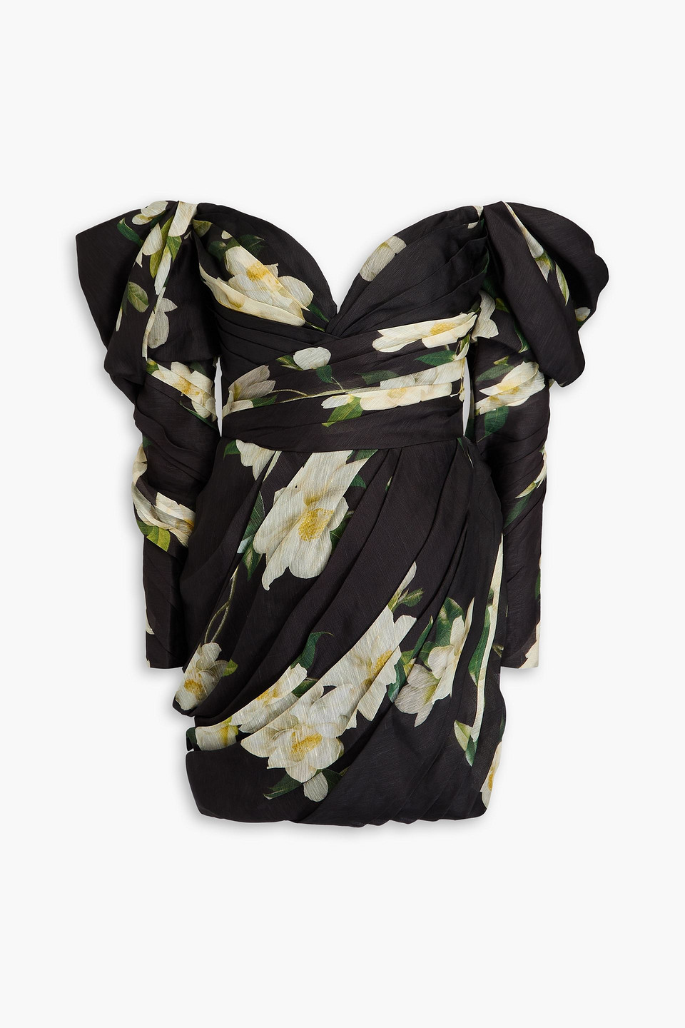 Zimmermann Off-the-shoulder Floral-print Linen And Silk-blend Mini Dress In Black