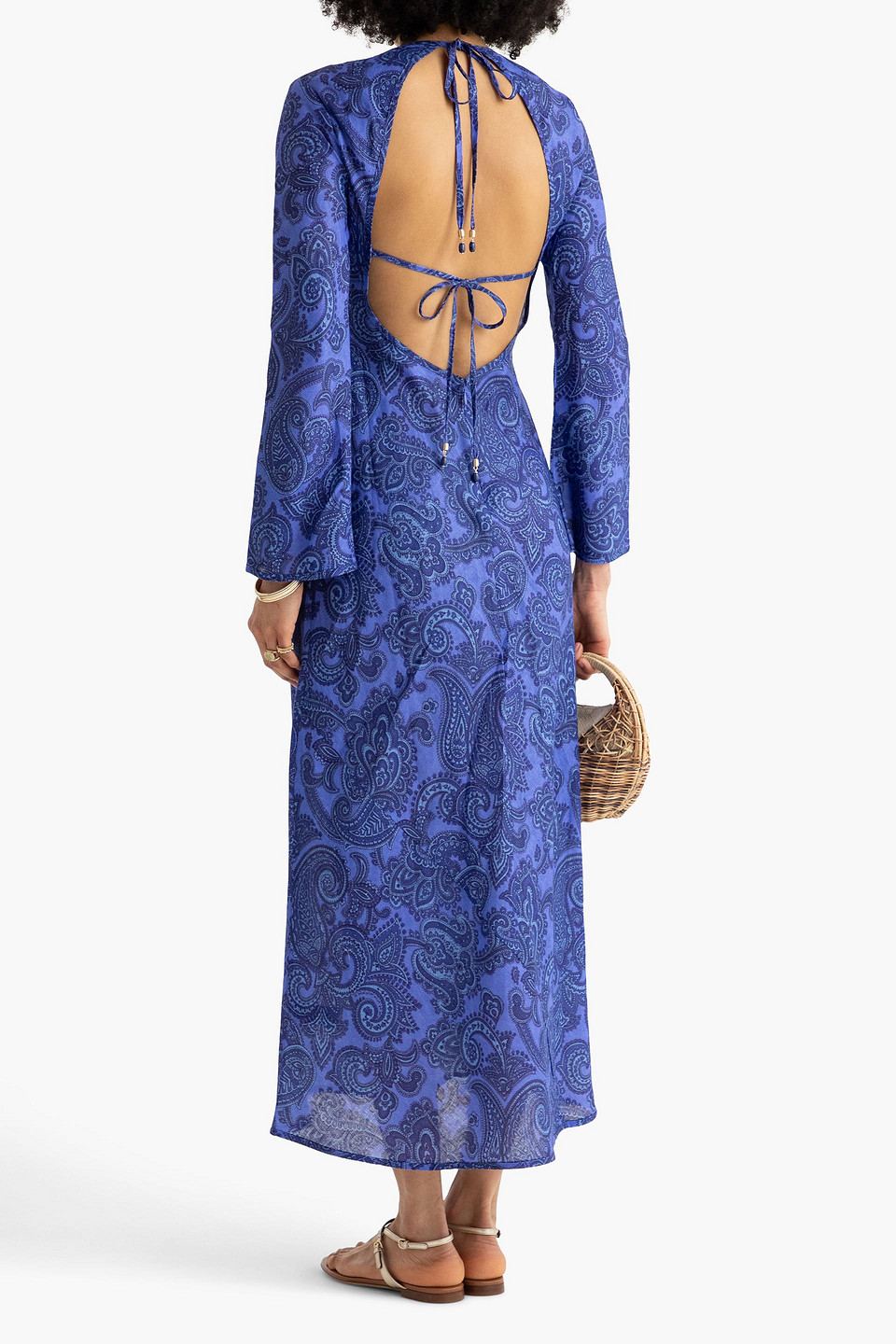 Zimmermann Ottie Open-back Bead-embellished Paisley-print Linen Maxi Dress In Royal Blue