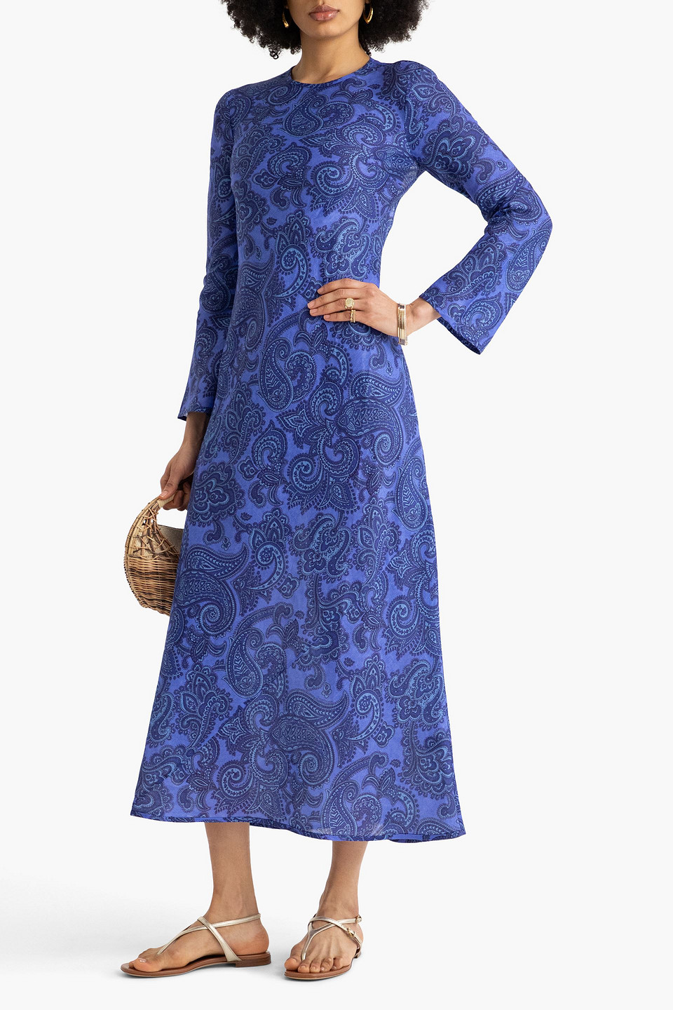 Zimmermann Ottie Open-back Bead-embellished Paisley-print Linen Maxi Dress In Royal Blue