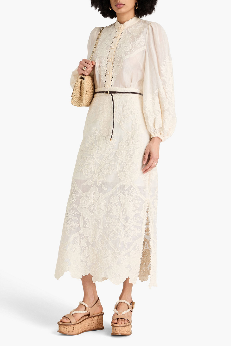 Zimmermann Ottie Embroidered Linen Midi Skirt In White