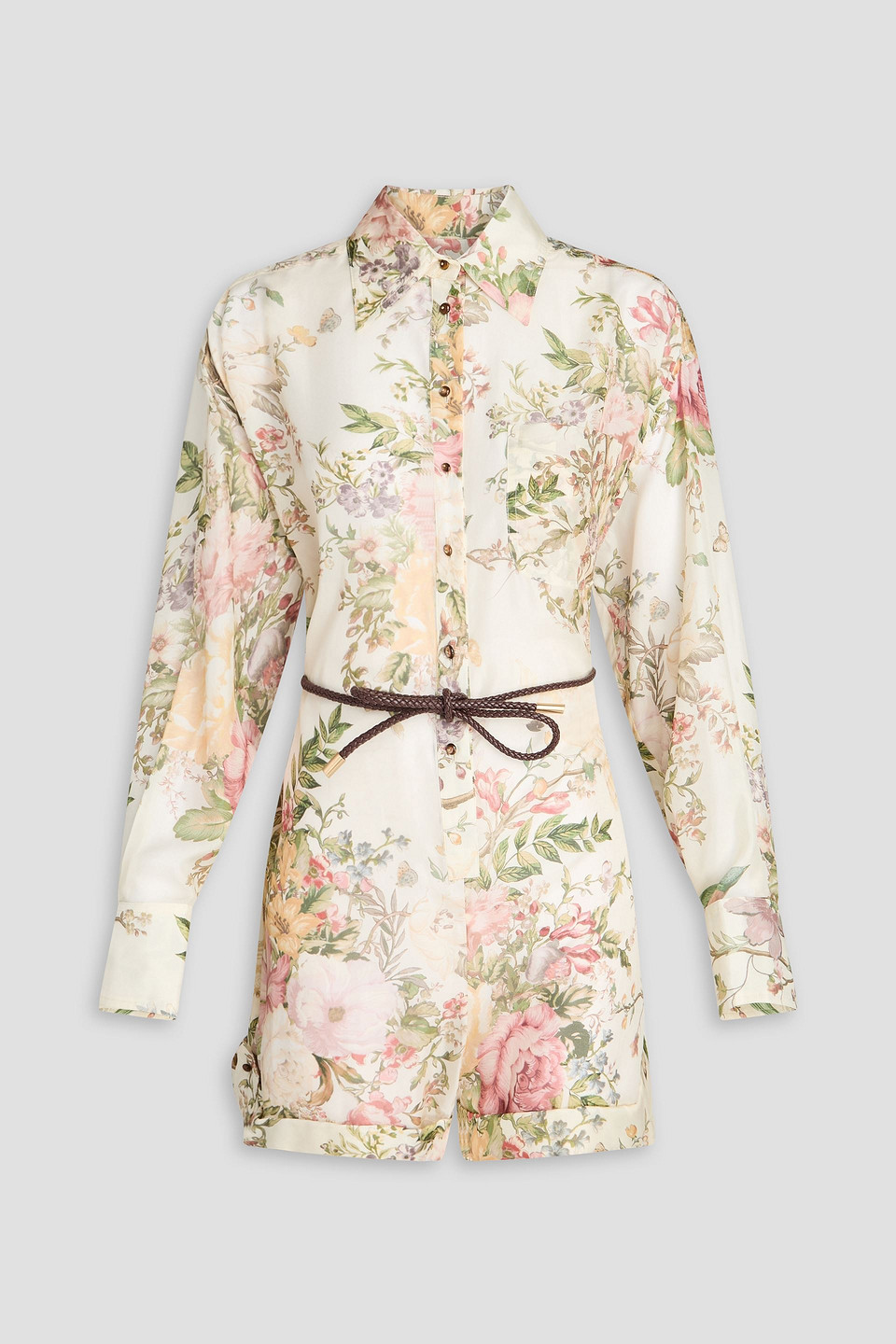 Zimmermann Belted Floral-print Silk-habotai Playsuit In Cream