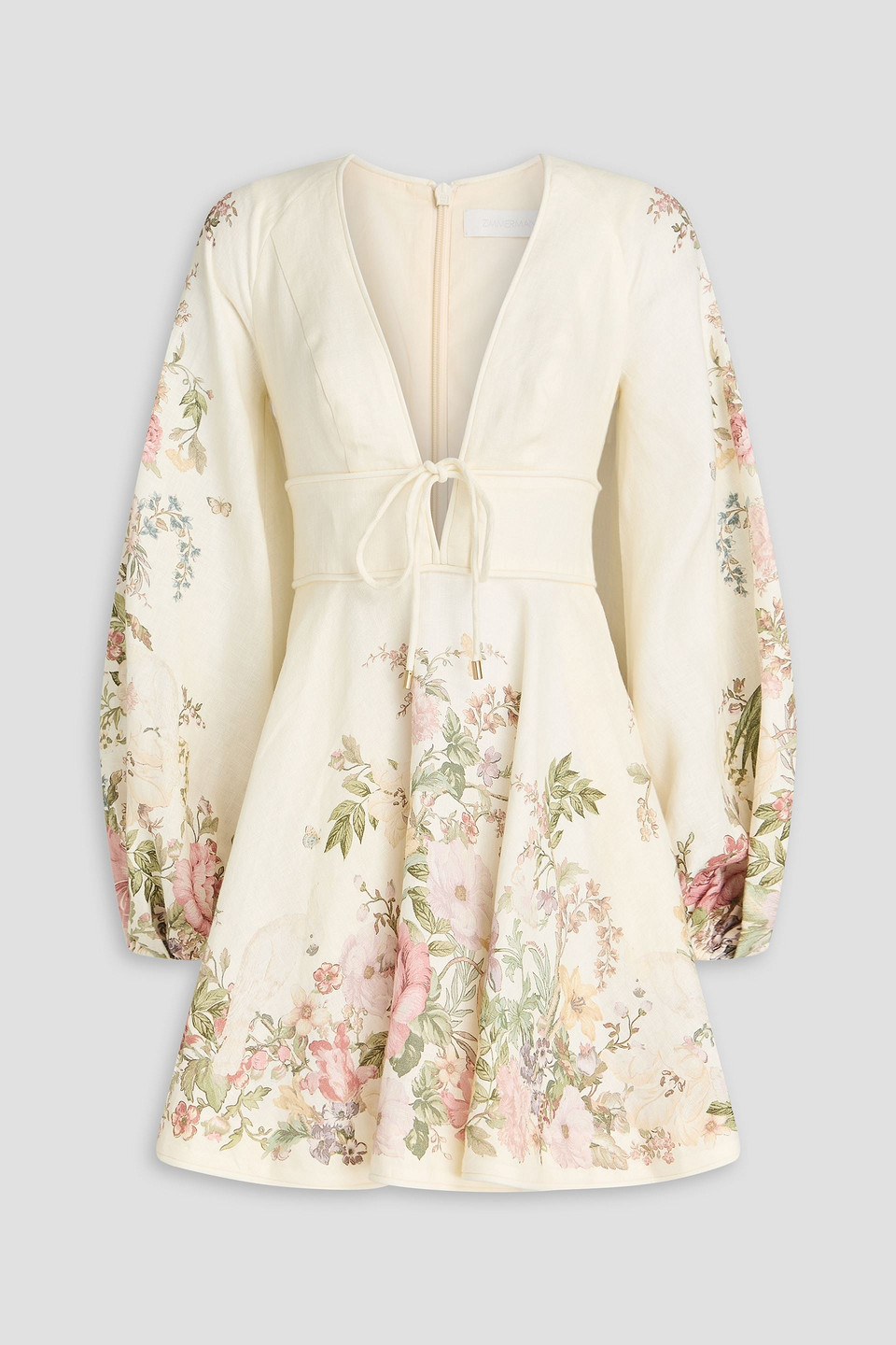 Zimmermann Floral-print Linen Mini Dress In Cream