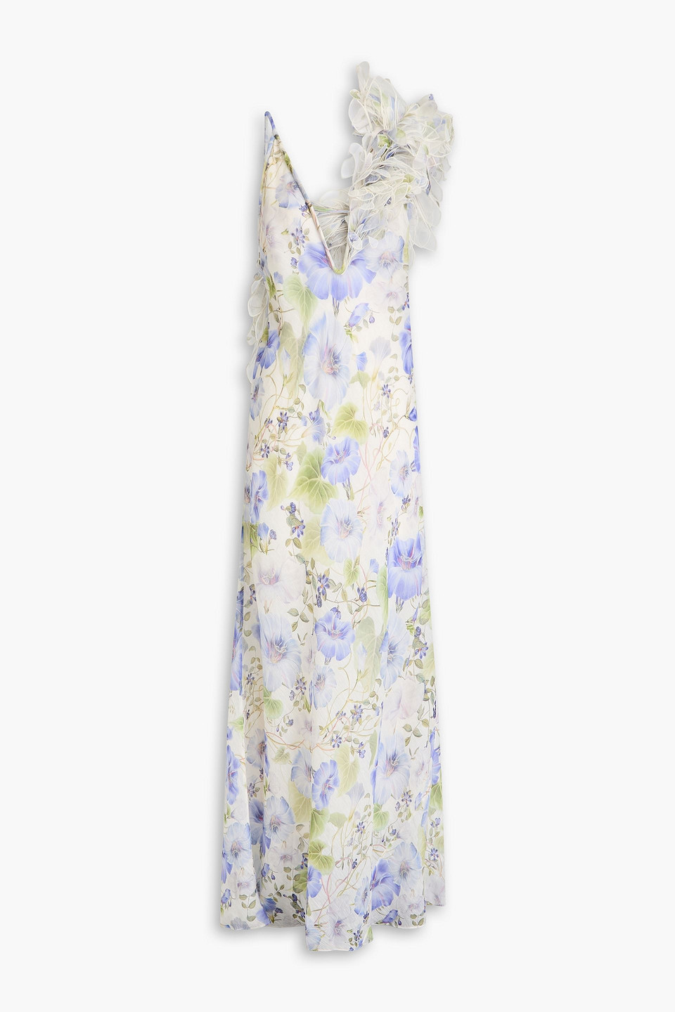 Zimmermann Cutout Floral-print Linen And Silk-blend Gown In Cobalt Blue