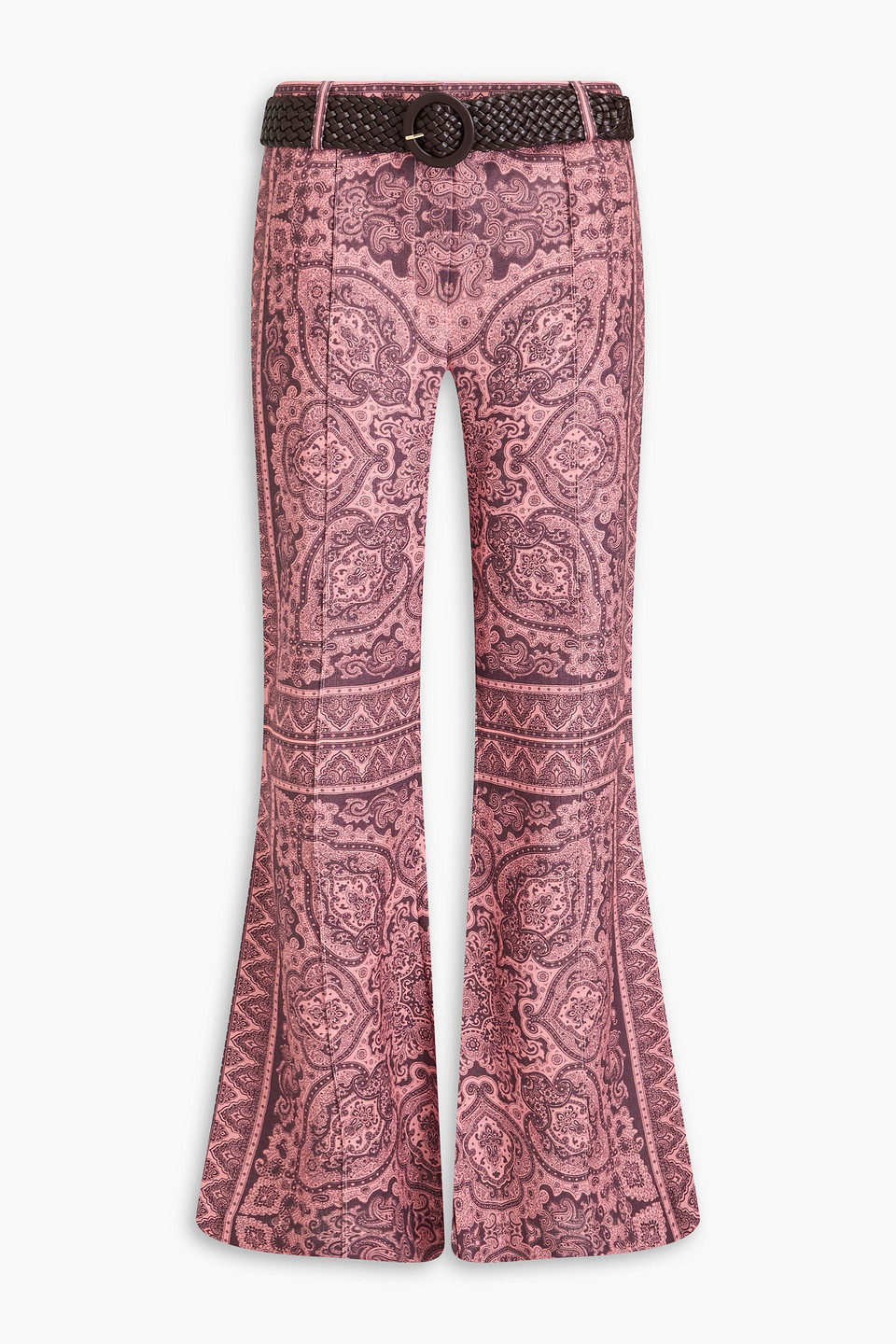 zimmermann - belted paisley-print linen flared pants - pink - 0