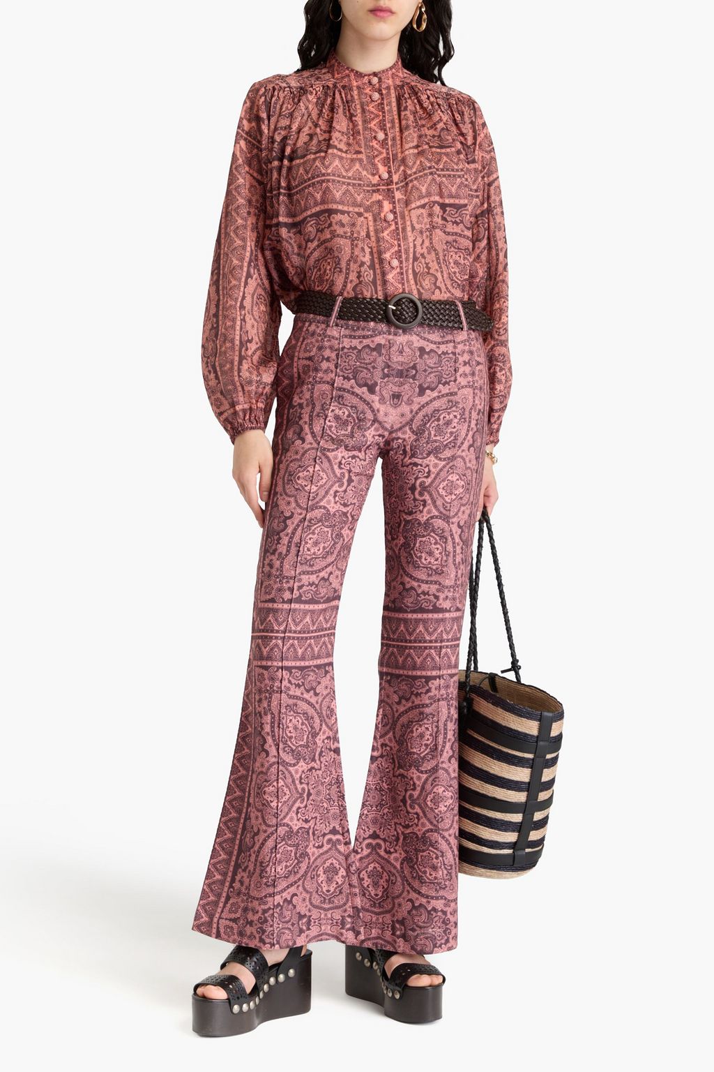 ZIMMERMANN Belted paisley-print linen flared pants