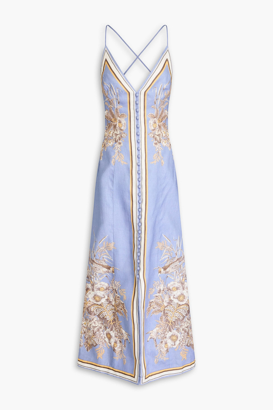 Zimmermann Floral-print Linen Maxi Dress In Light Blue