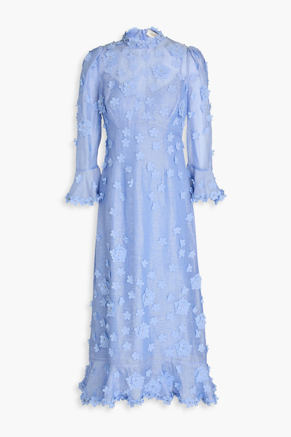 Zimmermann Floral-appliquéd Linen And Silk-blend Midi Dress In Light Blue