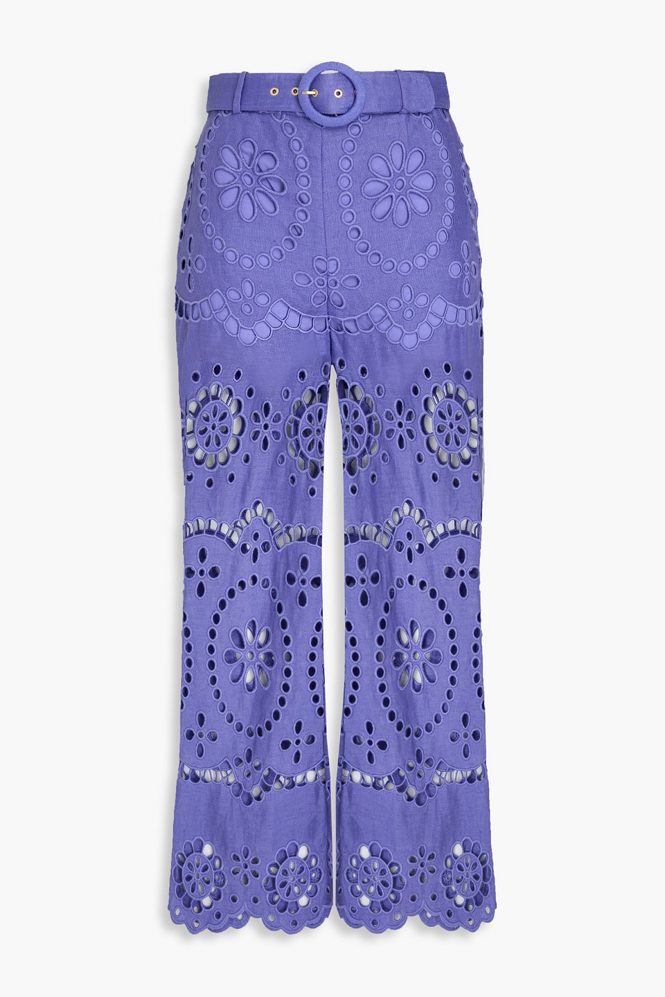 zimmermann - belted broderie anglaise linen kick-flare pants - purple - 00