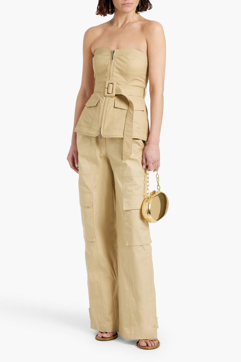 Simkhai Elettra Strapless Belted Cotton-blend Top In Sage Green