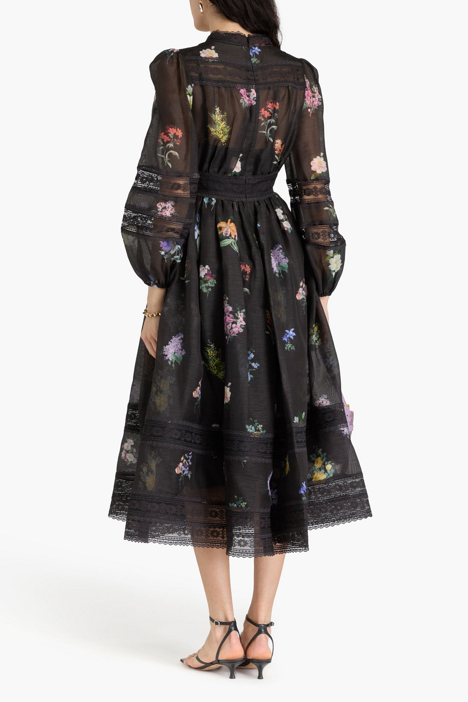 Zimmermann Floral-print Corded Lace-paneled Linen And Silk-blend Midi Dress In Black