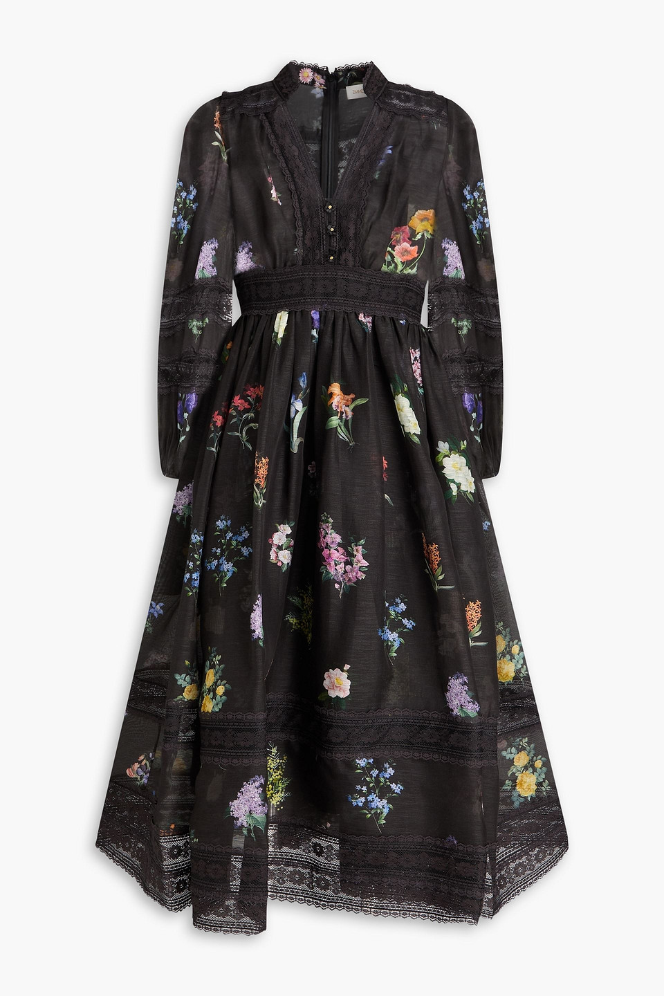 Zimmermann Floral-print Corded Lace-paneled Linen And Silk-blend Midi Dress In Black