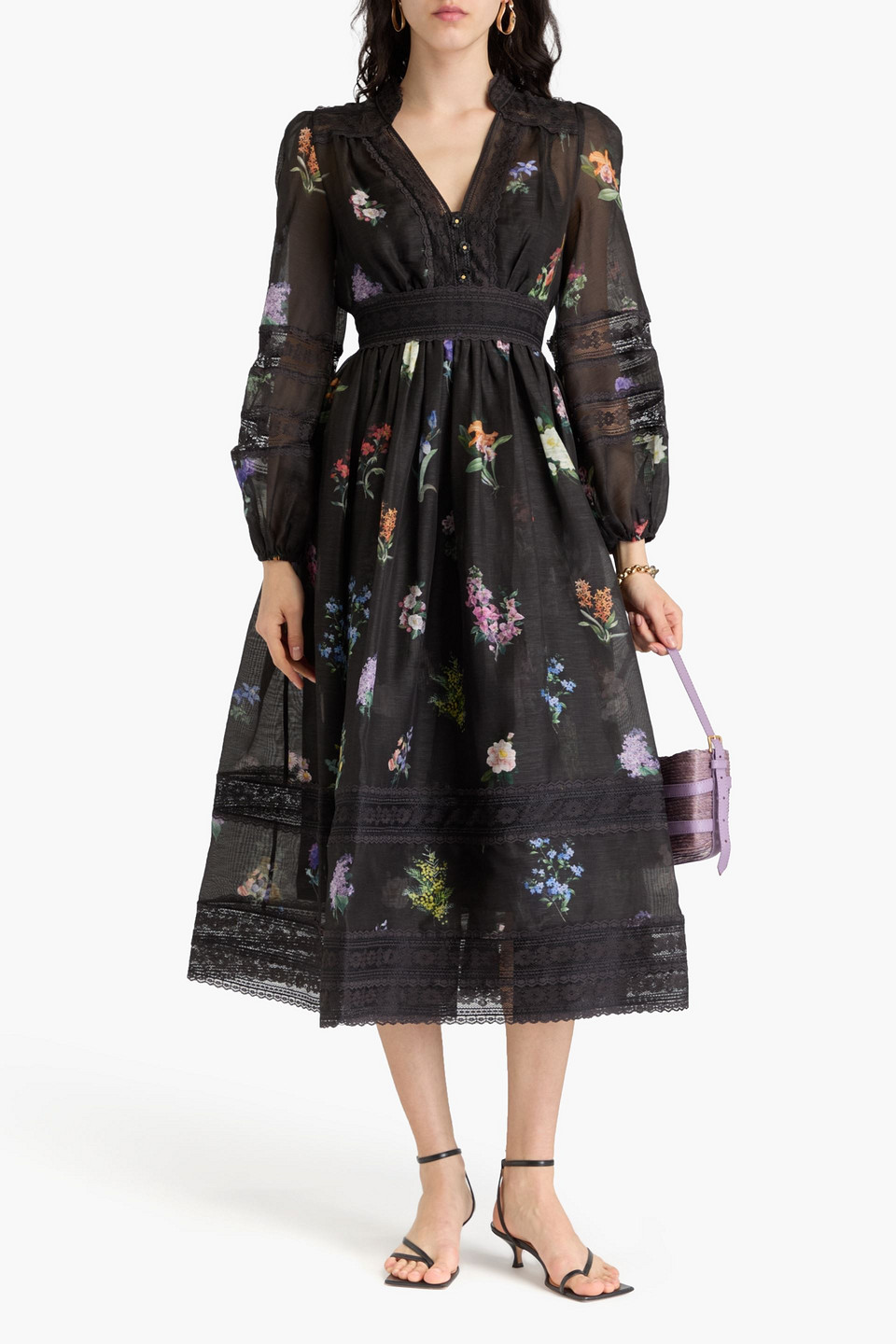 Zimmermann Floral-print Corded Lace-paneled Linen And Silk-blend Midi Dress In Black
