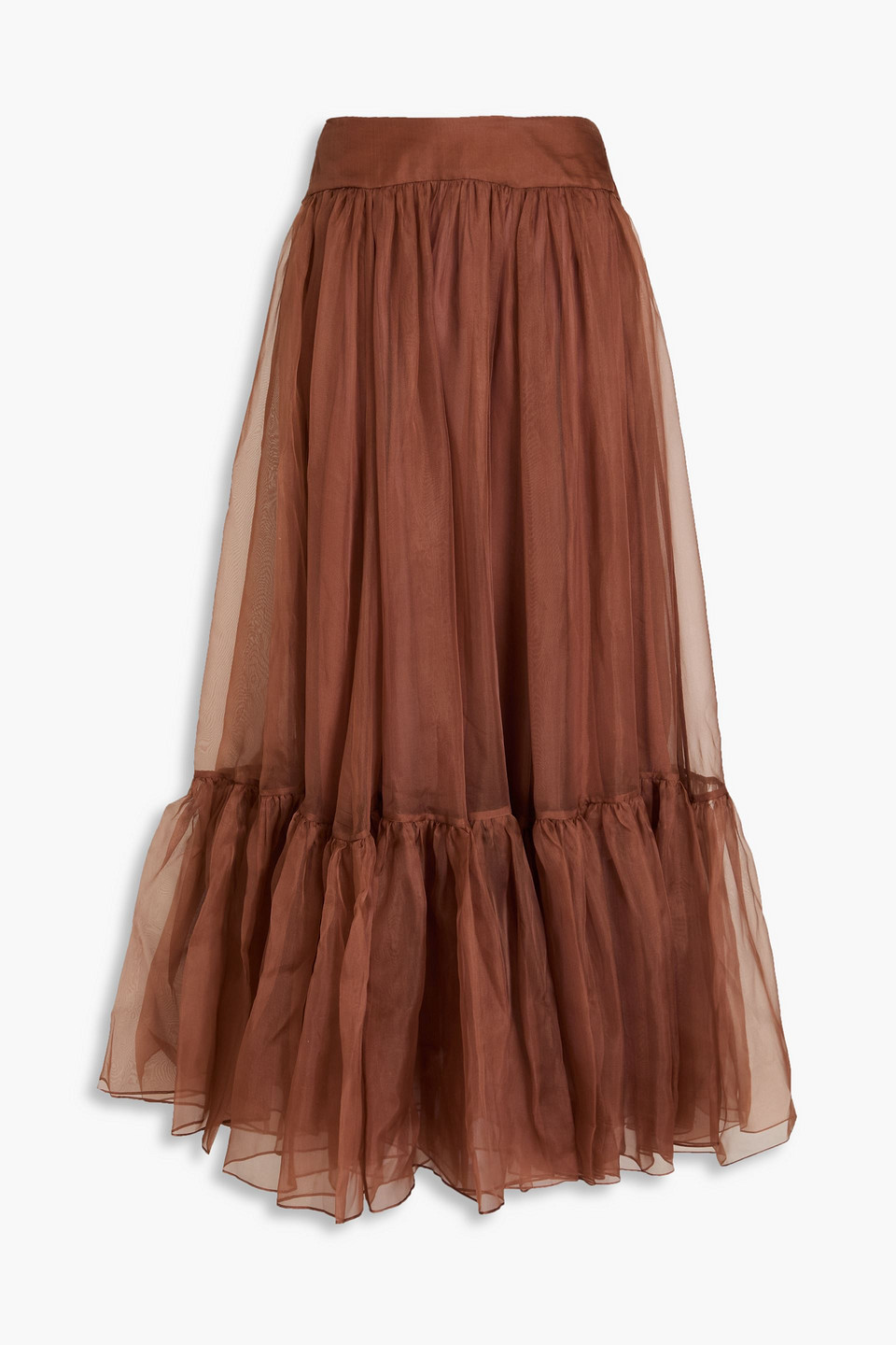 Zimmermann Gathered Silk-organza Maxi Skirt In Brown