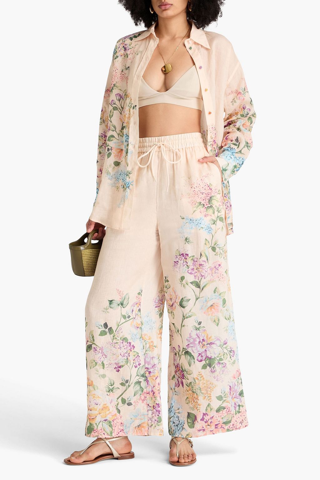 ZIMMERMANN Halliday Hose mit weitem Bein aus Leinen mit floralem Print